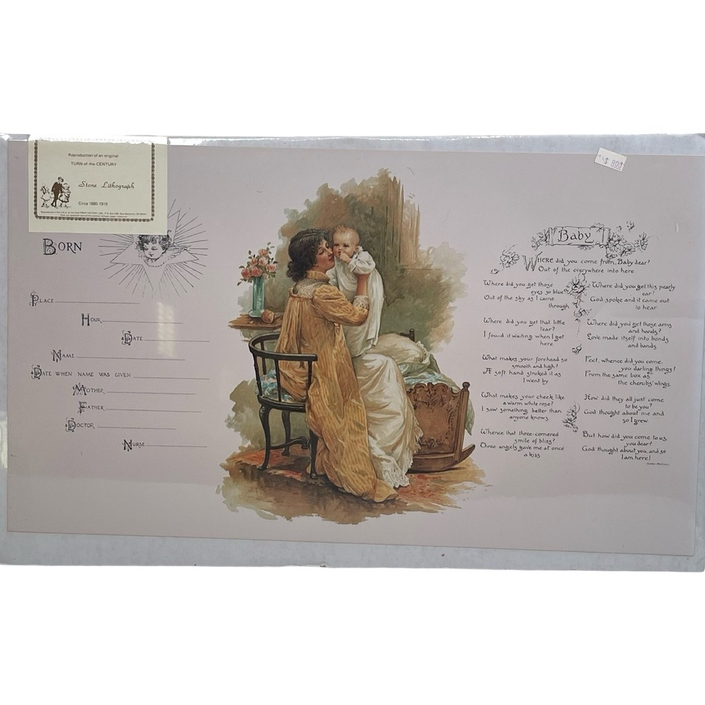 Old Print Factory Baby Birth Record‎ Stone Lithograph Pink Victorian Poem Art